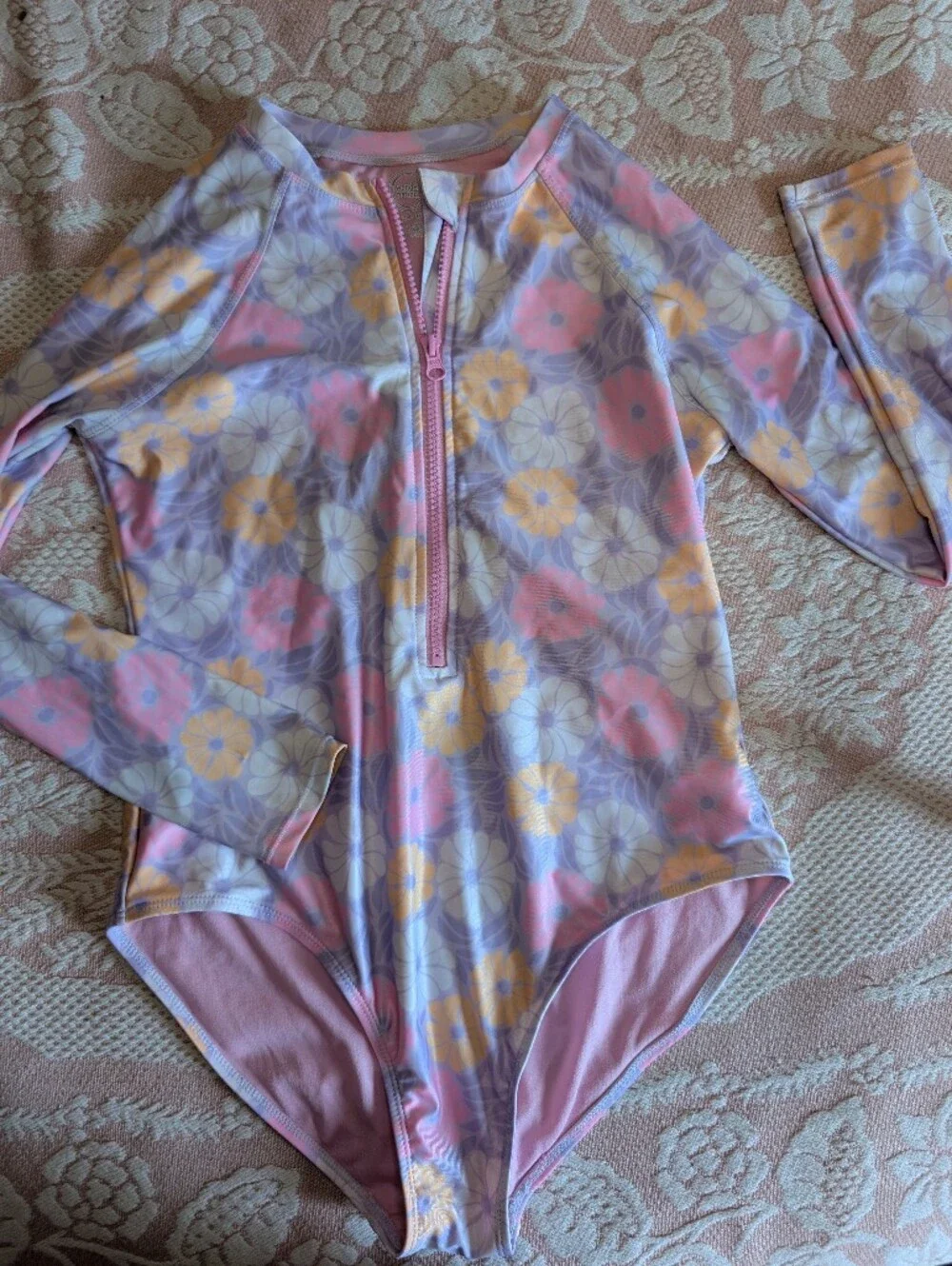 Floral Pastel Long-Sleeve Zip Swimsuit